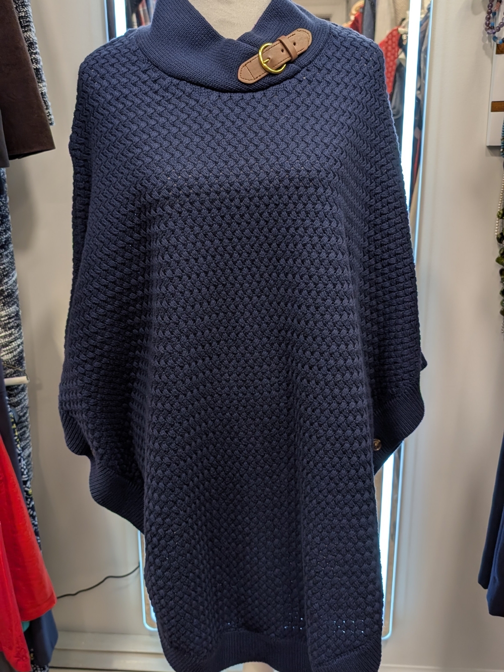 Banana Republic Navy Knit Poncho with Leather Buckle